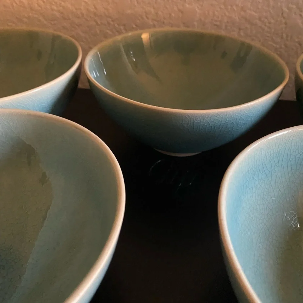 5 West Elm Light Blue Organic Alta Reactive Crackle Finish Soup Cereal Bowls